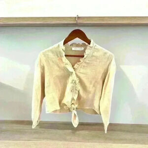 Bishop & Young‎ Ruffled Tie Front Blouse 100% Cotton Flax Color Sz S